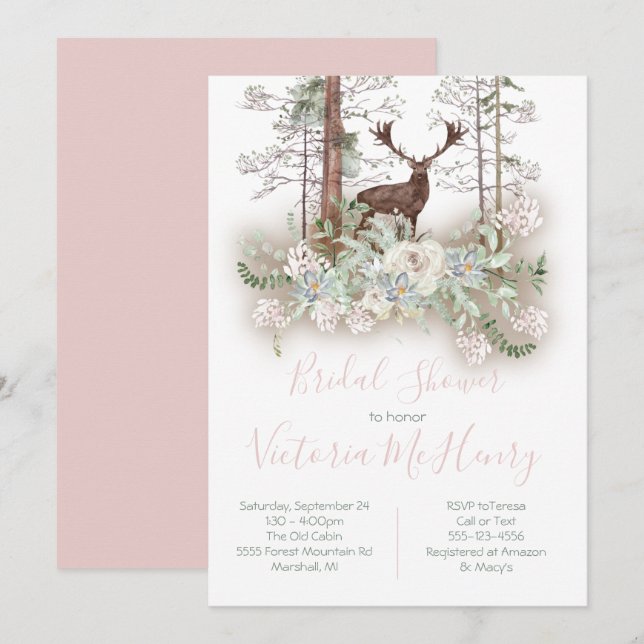 Woodland Watercolor Forest Deer Bridal Shower Invitation (Front/Back)