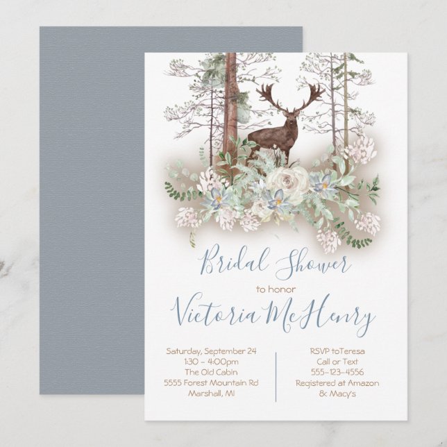 Woodland Watercolor Forest Deer Bridal Shower Invitation (Front/Back)