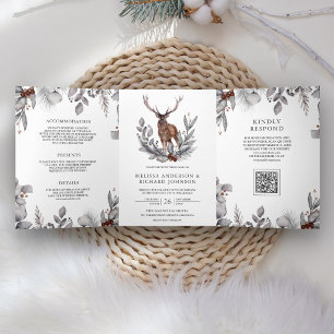 Woodland Watercolor Forest Deer QR Code Wedding Tri-Fold Invitation
