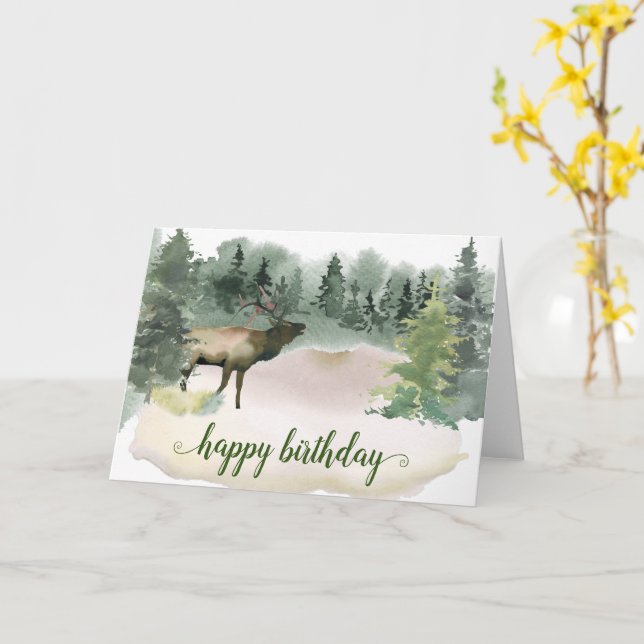 Woodland Watercolor Forest Elk Birthday Card (Yellow Flower)