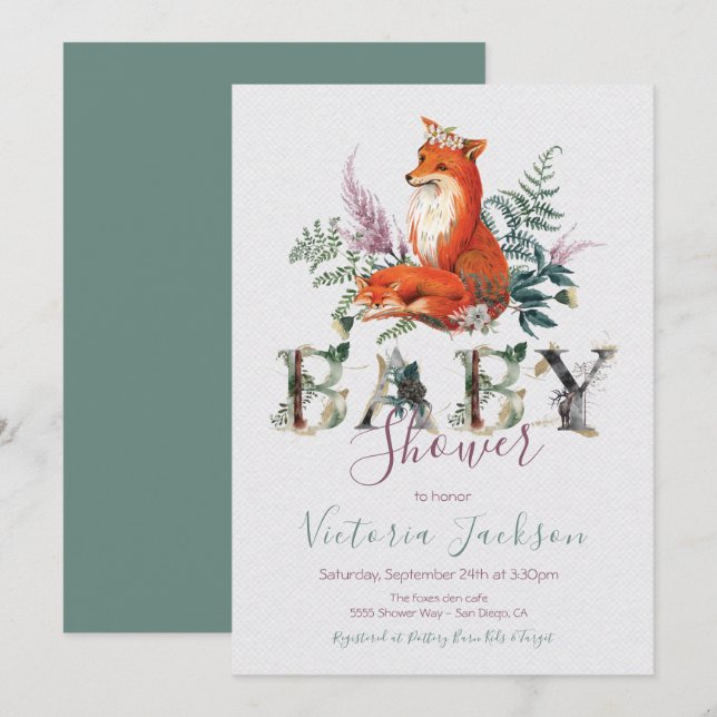 Woodland Watercolor Forest fox Baby Shower Invitation (Front/Back)