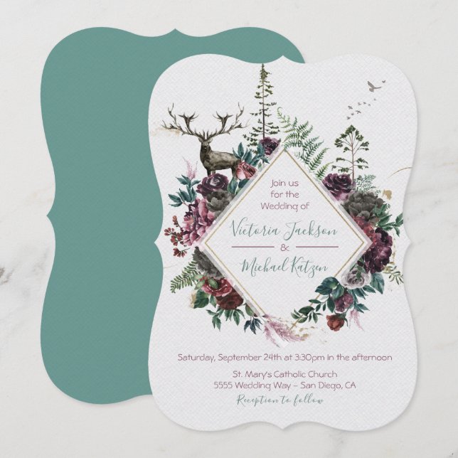 Woodland Watercolor Forest Wedding invitations (Front/Back)
