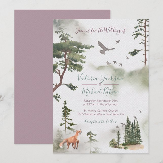 Woodland Watercolor Forest Wedding invitations (Front/Back)