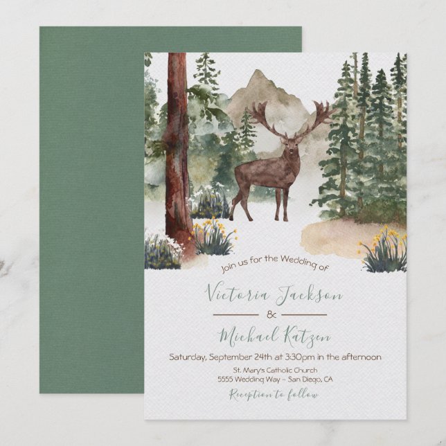 Woodland Watercolor Forest Wedding invitations (Front/Back)