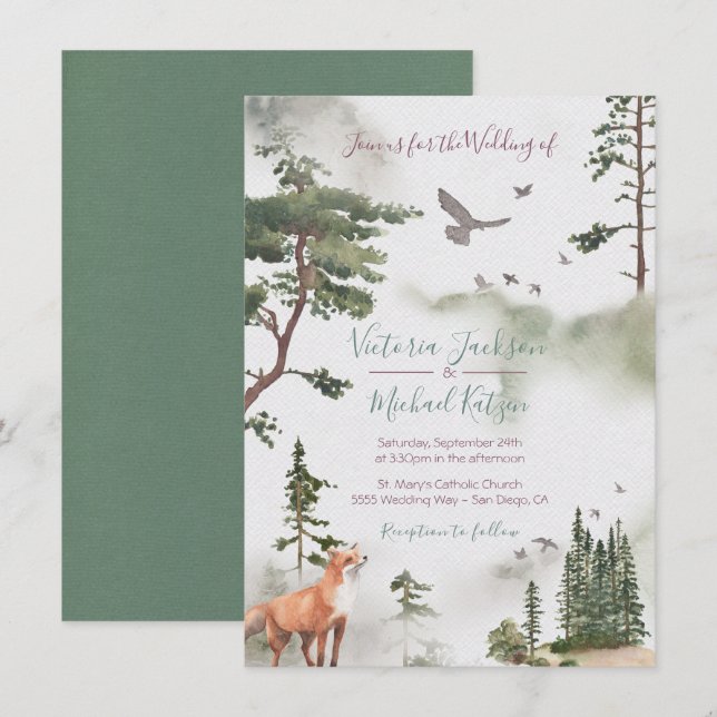 Woodland Watercolor Forest Wedding invitations (Front/Back)