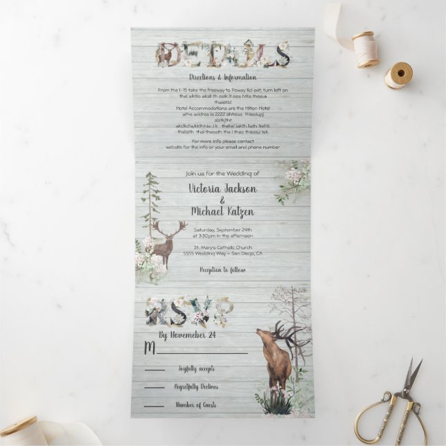 Woodland Watercolor Forest Wedding Tri-Fold Invita (Inside)