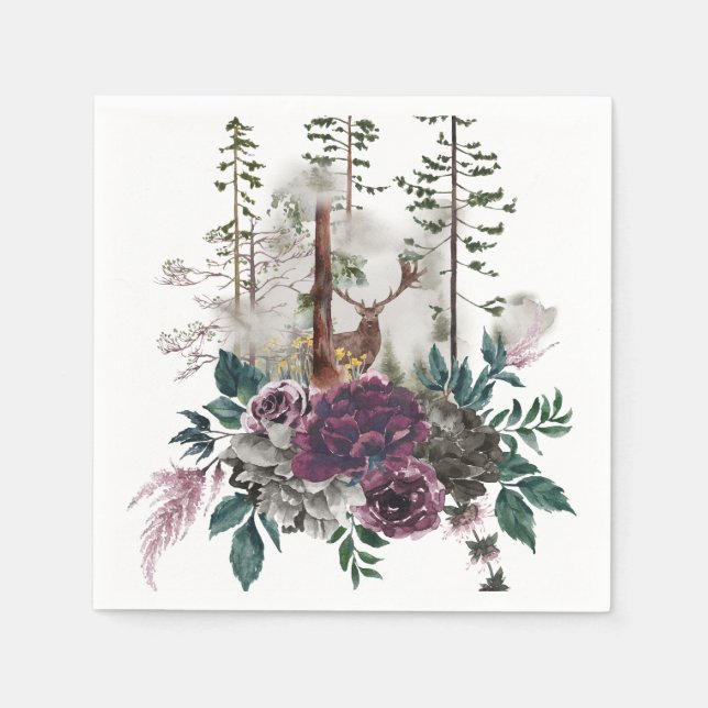 Woodland Watercolor Forest with deer Napkin (Front)