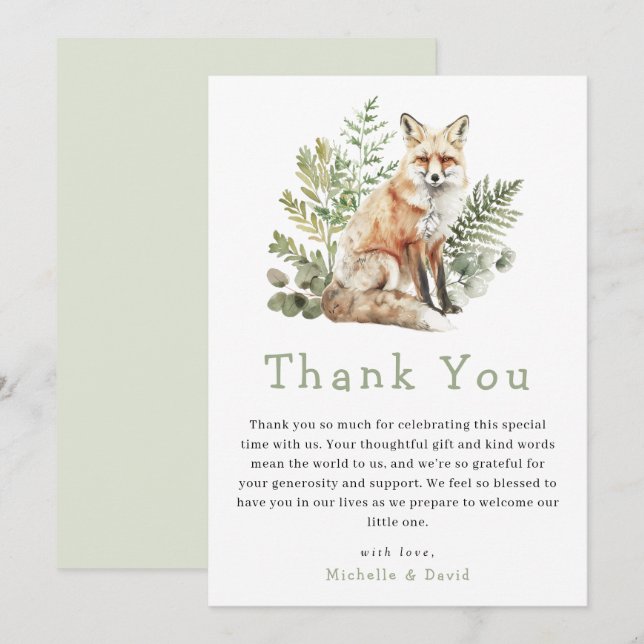 Woodland Watercolor Fox Baby Shower Thank You Card (Front/Back)