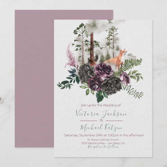 Woodland Watercolor Fox Forest Wedding invitations (Front/Back)