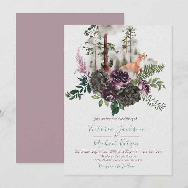 Woodland Watercolor Fox Forest Wedding invitations (Front/Back)