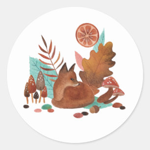 Woodland Watercolor Fox Whimsical Autumn Forest  Classic Round Sticker
