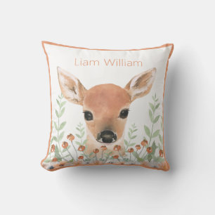 Woodland Watercolor Greenery Modern Name Deer Cushion
