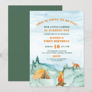 Woodland Watercolor Little Camper First Birthday Invitation