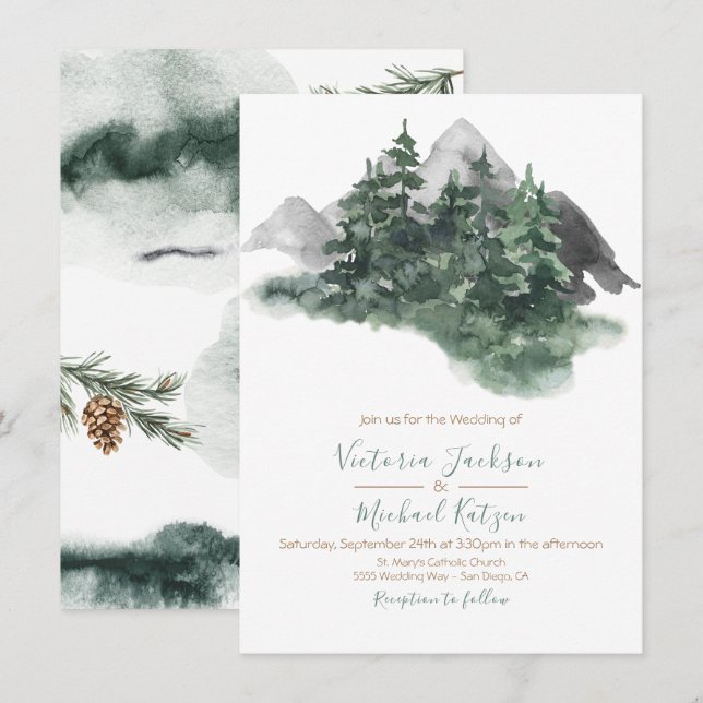 Woodland Watercolor Mountain Wedding Invitation (Front/Back)