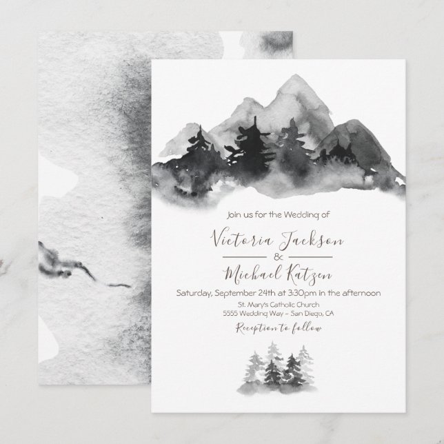 Woodland Watercolor Mountain Wedding Invitation (Front/Back)