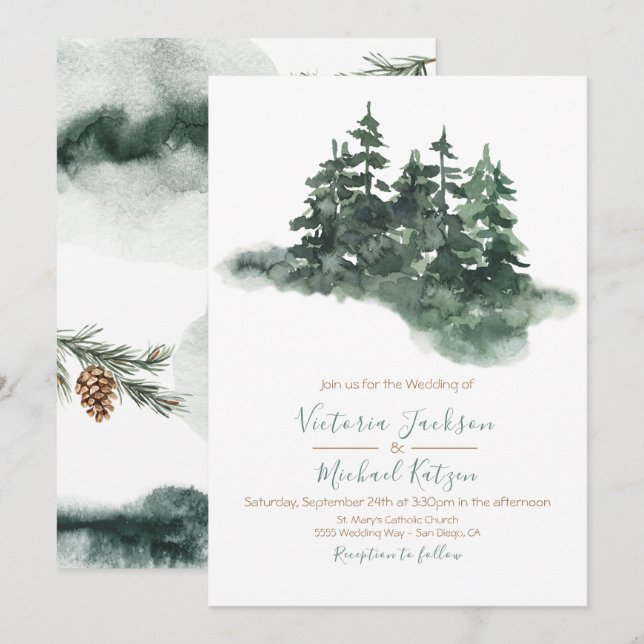 Woodland Watercolor Pine Forest Wedding Invitation (Front/Back)
