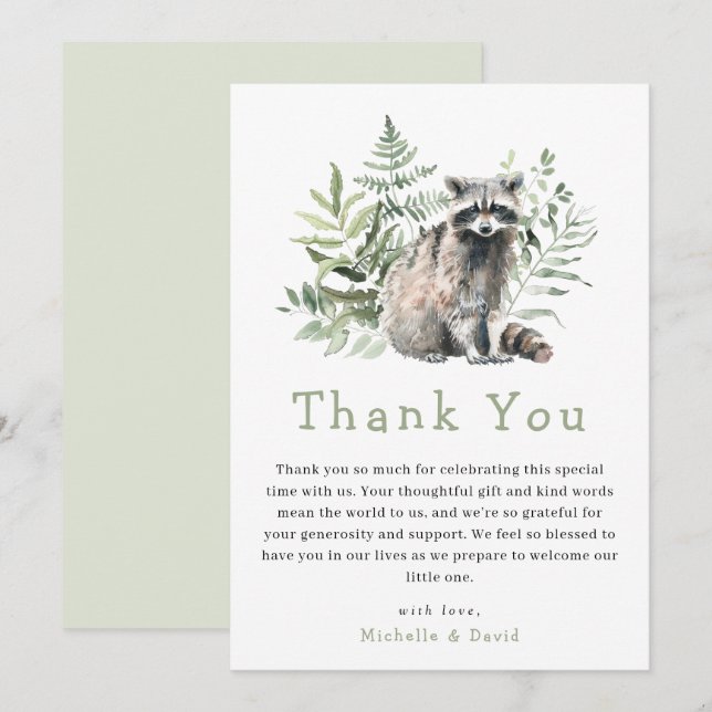 Woodland Watercolor Racoon Baby Shower Thank You (Front/Back)