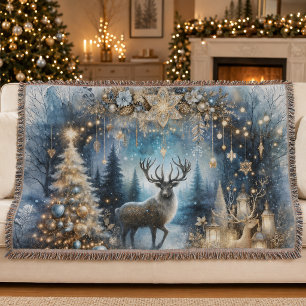 Woodland Watercolor Reindeer Christmas Tree Throw Blanket