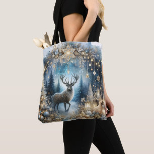 Woodland Watercolor Reindeer Christmas Tree Tote Bag