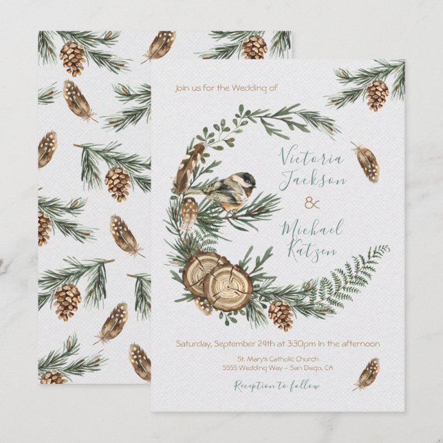 Woodland Watercolor rustic wreath Wedding Invitation (Front/Back)
