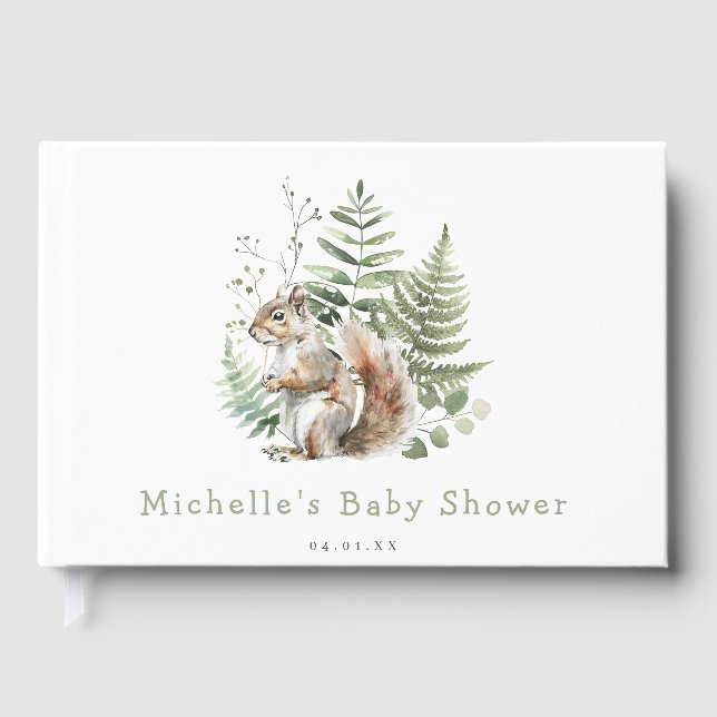 Woodland Watercolor Squirrel Baby Shower Guest Book (Front)