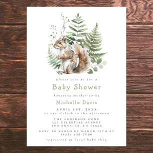 Woodland Watercolor Squirrel Baby Shower Invitation