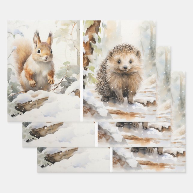 Woodland Watercolor Squirrel Hedgehog Winter Scene Wrapping Paper Sheet (Set)