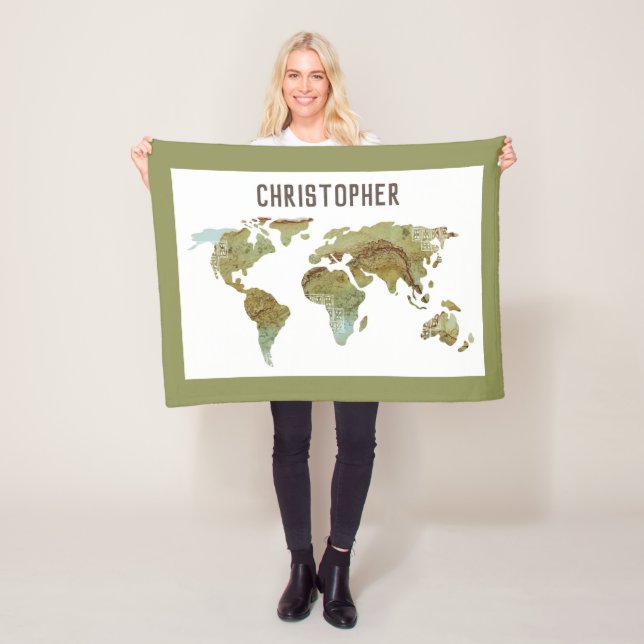 Woodland Watercolor World Map Fleece Blanket (In Situ)