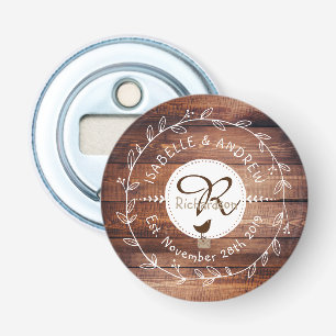 Woodland Wedding Monogram Wood Leaf Wreath Bird Bottle Opener