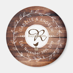 Woodland Wedding Monogram Wood Leaf Wreath Bird Magnet