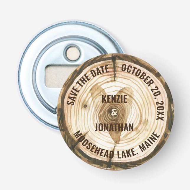 Woodland Wedding Save the Date Tree Ring Heart Bottle Opener (Front)