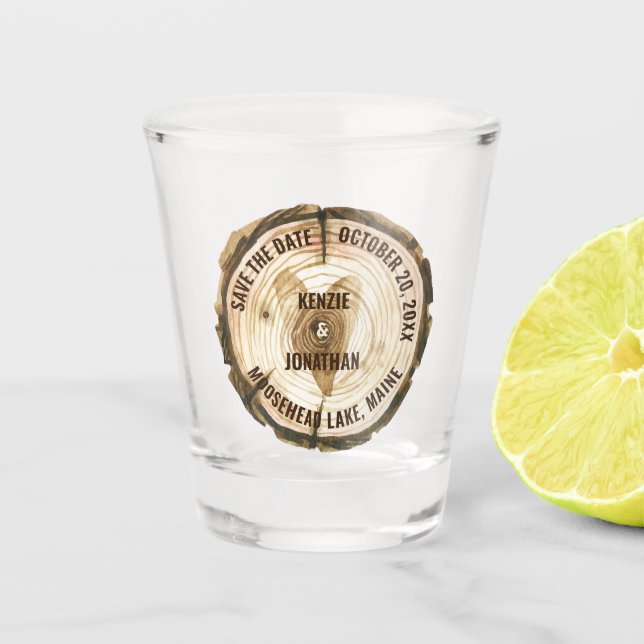 Woodland Wedding Save the Date Tree Ring Heart Shot Glass (Front)