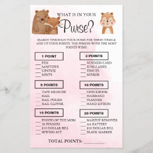 Woodland What is in your purse Shower game card