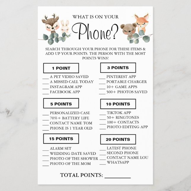 Woodland What is on your phone Shower game card (Front)