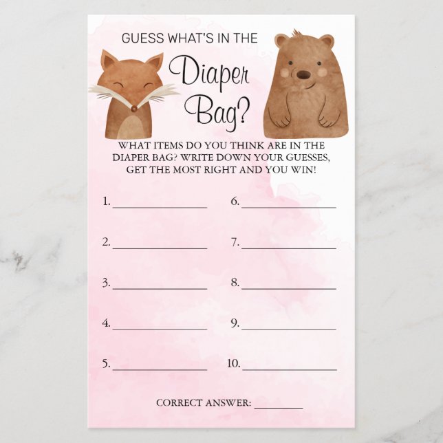 Woodland Whats in the diaper bag shower game card (Front)