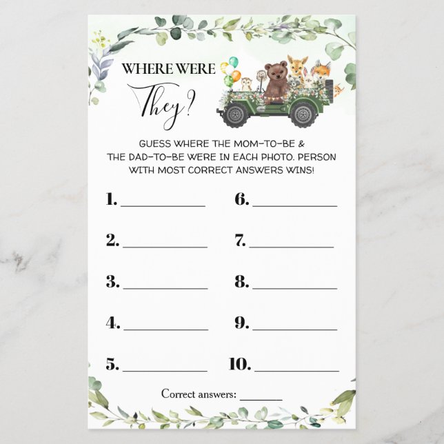 Woodland Where were They Baby Shower Game Card (Front)