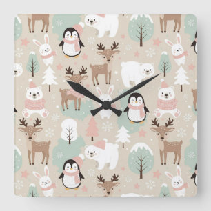 Woodland Whimsical Forest Animals Winter Square Wall Clock