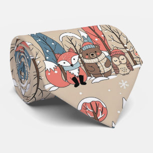 Woodland Whimsical Forest Animals Winter Tie