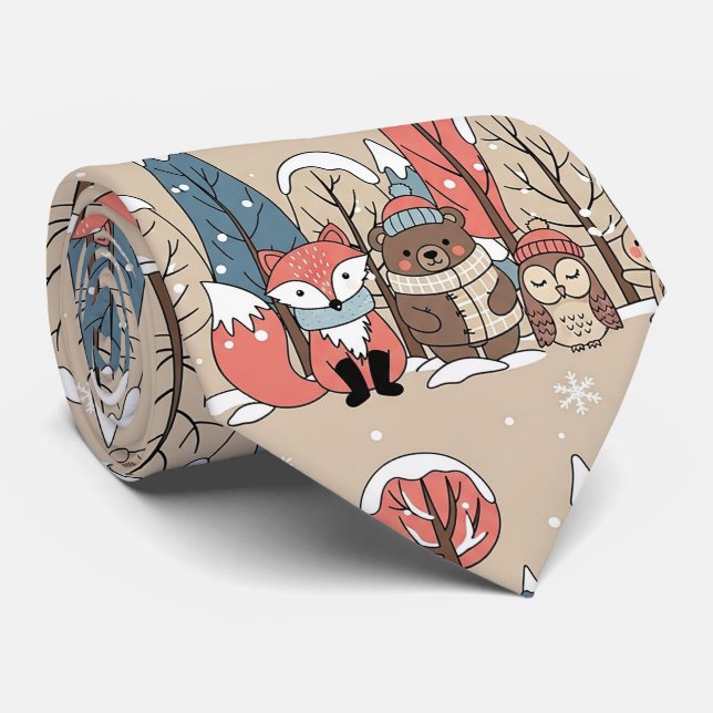 Woodland Whimsical Forest Animals Winter Tie (Rolled)