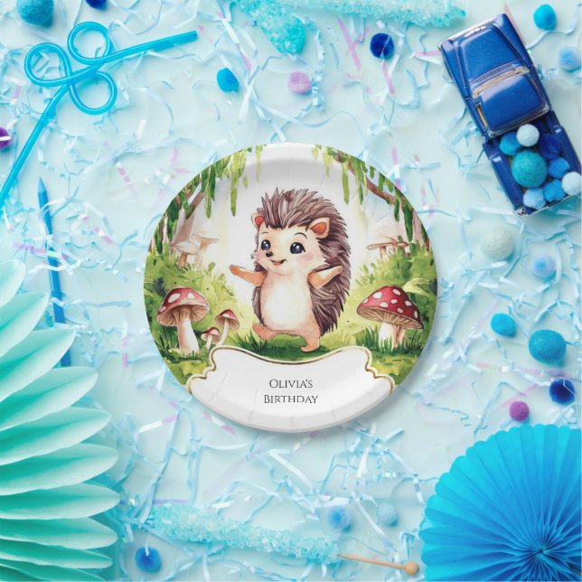 Woodland Whimsical Hedgehog Birthday Paper Plate (Party)