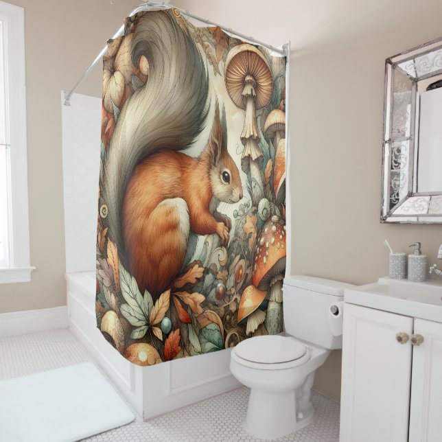 Woodland whimsical mushrooms squirrel nature shower curtain (In Situ)