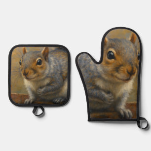 Woodland Whimsy – Realistic Squirrel Portrait Oven Mitt & Pot Holder Set
