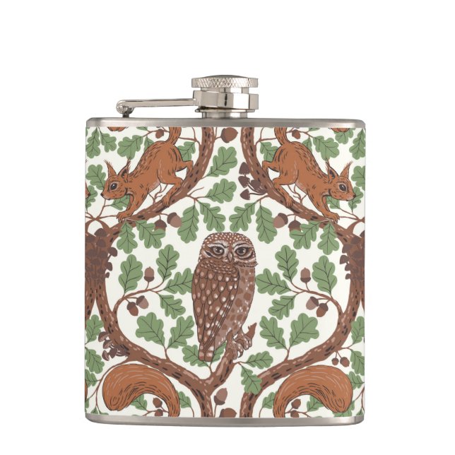 Woodland Whispers/Owls and Squirrels in the Oak/mo Hip Flask (Front)