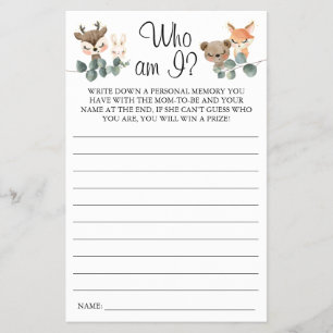Woodland Who am I Baby Shower game card