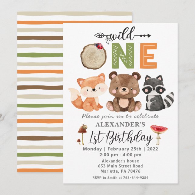 Woodland Wild One Bear Birthday Party Invitation (Front/Back)