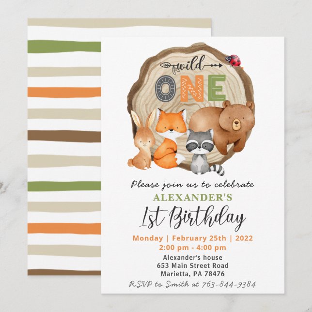 Woodland Wild One Bear Fox Racoon 1st Birthday Invitation (Front/Back)