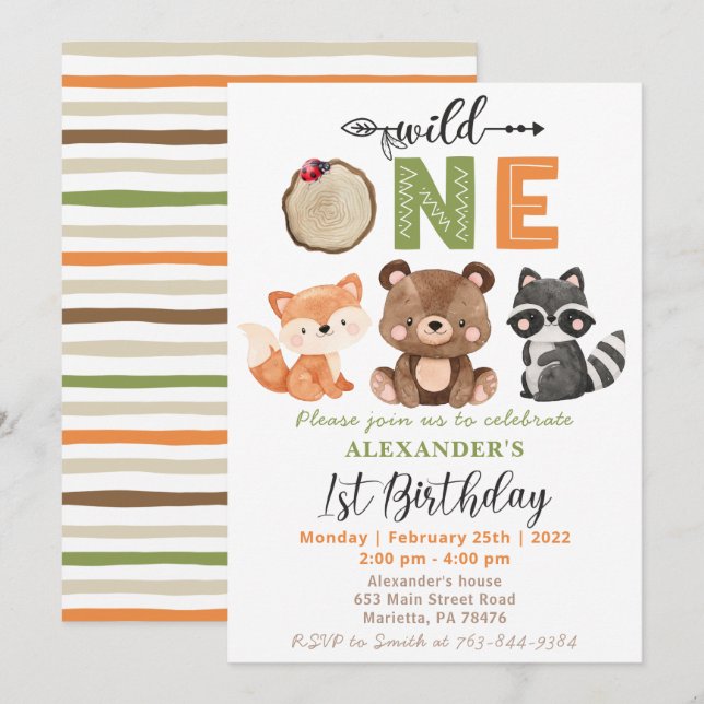 Woodland Wild One Bear Fox Racoon Birthday Invitation (Front/Back)