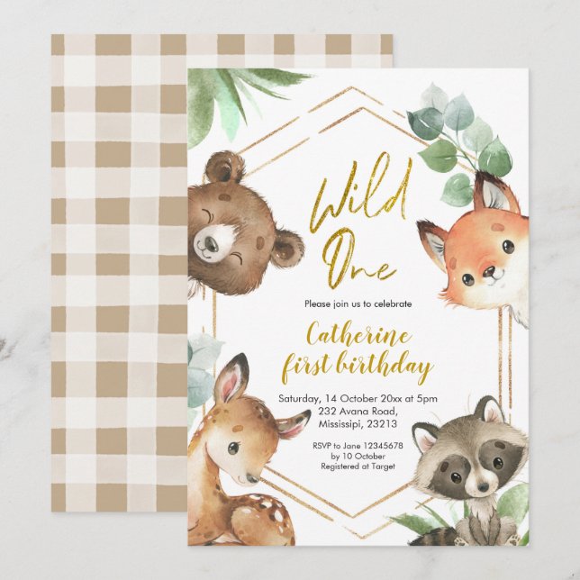 Woodland Wild One Birthday Invitation (Front/Back)