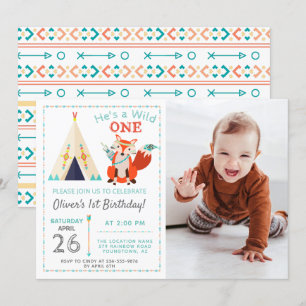 Woodland Wild One Fox Boho Boy 1st Birthday Photo Invitation