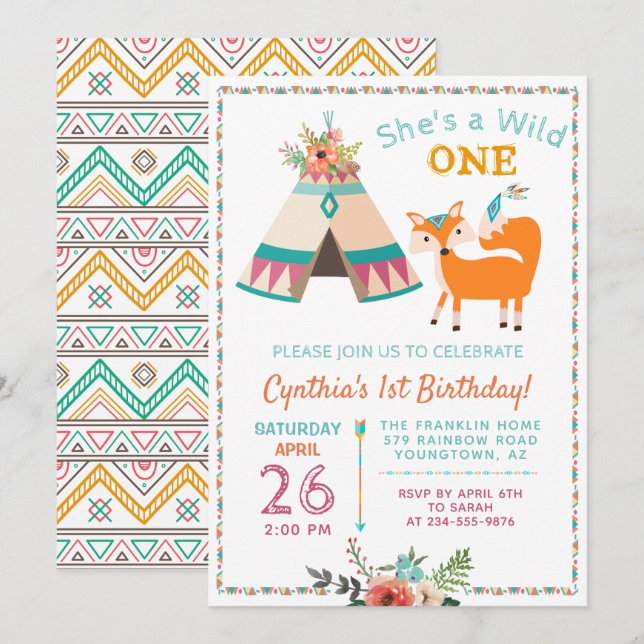Woodland Wild One Fox Boho Girl 1st Birthday Invitation (Front/Back)